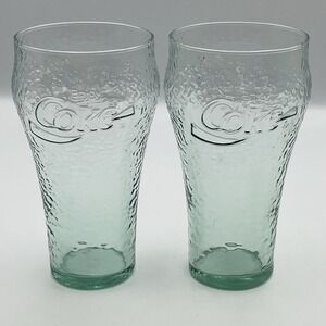 Vintage Set of 2 Coca-Cola Glass Pebbled Dimpled Textured Green 6 1/8" Tall